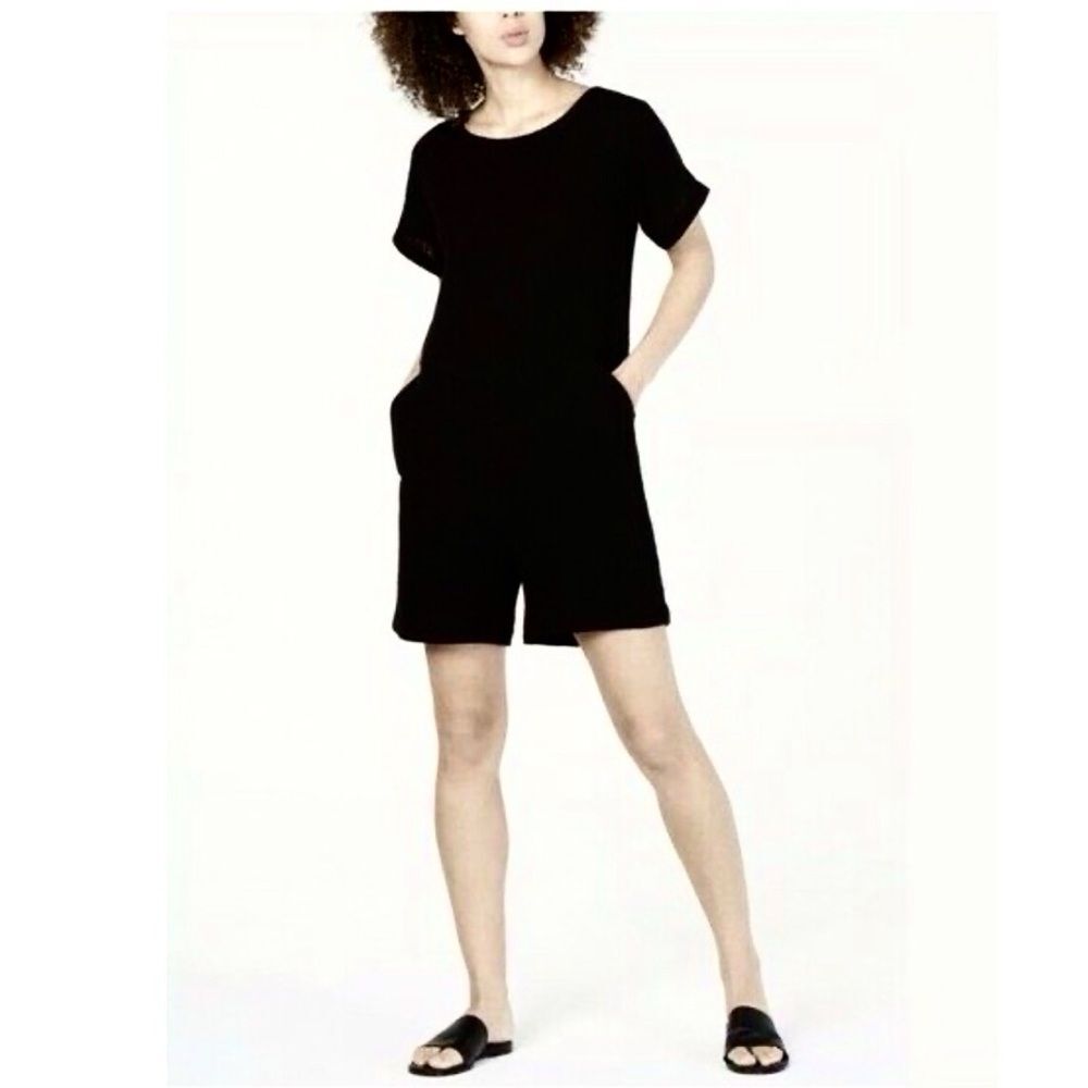 Eileen Fisher Organic Cotton Lofty Gauze Bateau Neck Romper in Black XL NWT